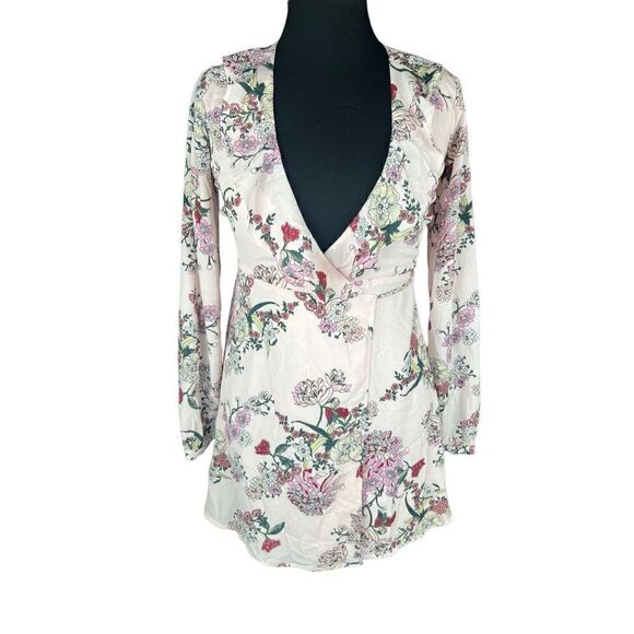 Lulus what a time pink floral chiffon long sleeve wrap dress XS wedding bridal - Picture 2 of 8